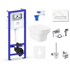 Комплект 10 в 1 Lavinia Boho Bristol Rimless 75110686, безободковый унитаз, сиденье микролифт, инсталляция, крепление, клавиша смыва, шумоизоляция, диспенсер, смеситель с гигиеническим душем, ершик, держатель туалетной бумаги