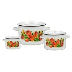 Набор эмал.посуды 3пр 33 "Тюльпаны" белосн.(к.цил.1,5/2,9/4,5л) 1с33 СтальЭмаль