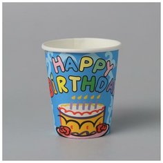 Страна Карнавалия Стакан бумажный «С днём рождения», торт, 6 шт., цвет голубой