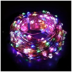 Новогодняя гирлянда светодиодная Роса Christmas Light на елку или для декора, 15 м, зеленый провод, мульти разноцветная, работы от USB или батареек