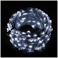 Новогодняя гирлянда светодиодная Роса Christmas Light на елку или для декора, 15 м, зеленый провод, холодный белый, работы от USB или батареек