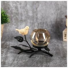 Подсвечник металл, стекло на 1 свечу "Птица на ветке" чёрный 10х15х7,3 см 4762511 Сима ленд