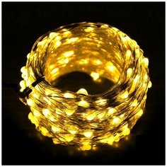 Новогодняя гирлянда светодиодная Роса Christmas Light на елку или для декора, 15 м, зеленый провод, теплый белый, работы от USB или батареек