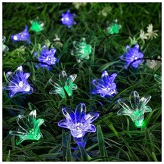 Luazon Lighting Гирлянда "Нить" 4.5 м с насадками "Цветы", тёмная нить, 30 LED, свечение синее/зелёное, 2 режима, солнечная батарея