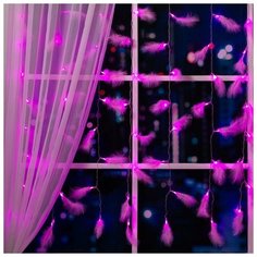 Luazon Lighting Гирлянда "Занавес" 3 х 1.4 м с насадками "Перья", IP20, прозрачная нить, 80 LED, свечение розовое, 8 режимов, 220 В