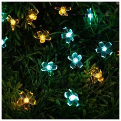 Luazon Lighting Гирлянда "Нить" 4.5 м с насадками "Ромашки", IP44, тёмная нить, 30 LED, свечение жёлтое/аквамарин, 2 режима, солнечная батарея