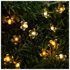 Luazon Lighting Гирлянда "Нить" 4.5 м с насадками "Ромашки", IP44, тёмная нить, 30 LED, свечение тёплое белое/жёлтое, 2 режима, солнечная батарея