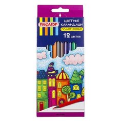 Карандаши цветные 12 цветов Пифагор "Сказочный город" (L=175мм, черный пластик, заточенные) 12 уп. (181583)