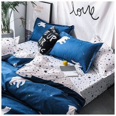 Комплект постельного белья Grazia Textile Bears, Евро, смесовая ткань, 2 наволочки 50х70, синий, белый, медведи, звёзды