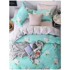 Комплект постельного белья Grazia Textile Jasmine, 2- х спальный, смесовая ткань, 2 наволочки 70х70, бирюзовый, цветочный, флора