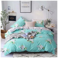 Комплект постельного белья Grazia Textile Jasmine, Евро, смесовая ткань, 2 наволочки 50х70, бирюзовый, цветочный, флора