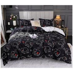 Комплект постельного белья Grazia Textile Elephant, Евро, смесовая ткань, 2 наволочки 50х70, черный, белый, сердечки, сердце, животные