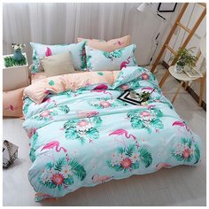 Комплект постельного белья Grazia Textile Flamingo, Евро, смесовая ткань, 2 наволочки 50х70, бирюзовый, светло- розовый, птицы, цветочный, флора, листья