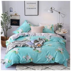 Комплект постельного белья Grazia Textile Jasmine, 1,5 спальный, смесовая ткань, 2 наволочки 50х70, бирюзовый, цветочный, флора