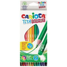Карандаши цветные Carioca стираемые, с резинкой "Erasable", 12 цветов, пластик, шестигранные, заточенные (42897)