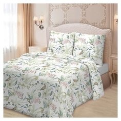 Постельное белье 1.5-спальное Для Snoff Палома 115526, сатин, 2 наволочки 70 х 70 см, белый/зеленый