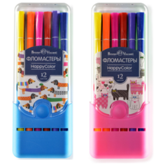 Фломастеры Bruno Visconti, 12 цветов, 2 вида, пластиковый пенал, HappyColor, Арт. 32-0036