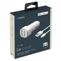 Разделитель автомобильный Deppa Car charger 2.4A MFI D-11291, дата- кабель 8- pin Lightning 1.2m 12/24V (2USB: 5V/2.4A) Белый