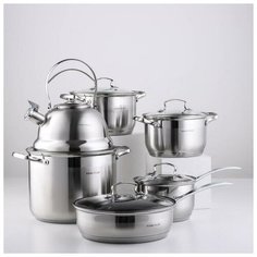 Набор 6 предметов: Кастрюли 2.9/3.9/8л. Чайник 2.5л. Ковш 2.1л. Сковорода d=24 см 6074365 Сима ленд