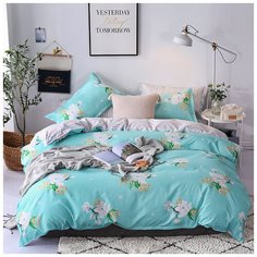 Комплект постельного белья Grazia Textile Jasmine, 1,5 спальный, смесовая ткань, 2 наволочки 70х70, бирюзовый, цветочный, флора