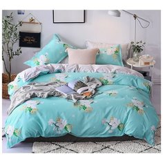 Комплект постельного белья Grazia Textile Jasmine, Евро, смесовая ткань, 2 наволочки 70х70, бирюзовый, цветочный, флора
