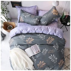 Комплект постельного белья Grazia Textile Beautiful, 1,5 спальный, смесовая ткань, 2 наволочки 50х70, светло- серый, сиреневый, листья, геометрический