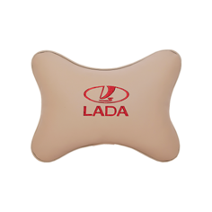 Подушка на подголовник экокожа Beige (красная) с логотипом автомобиля LADA Vital Technologies