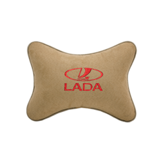 Подушка на подголовник алькантара Beige (красная) с логотипом автомобиля LADA Vital Technologies