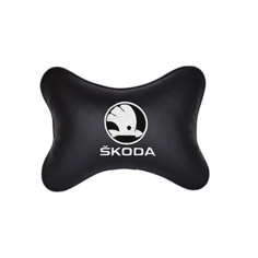 Подушка на подголовник экокожа Black (белая) с логотипом автомобиля SKODA Vital Technologies