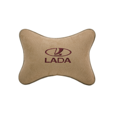 Подушка на подголовник алькантара Beige (коричневая) с логотипом автомобиля LADA Vital Technologies
