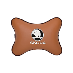 Подушка на подголовник экокожа Fox (белая) с логотипом автомобиля SKODA Vital Technologies