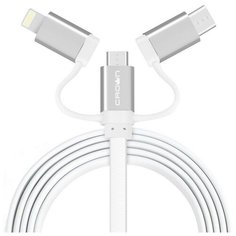 Кабель USB 2.0 A - micro USB 5pin (m- m) + Lightning +Type- C 1м 2а плоский пвх белый Crown CMCU-3182 white коробка