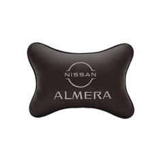 Подушка на подголовник экокожа Coffee с логотипом автомобиля NISSAN Almera (new) Vital Technologies