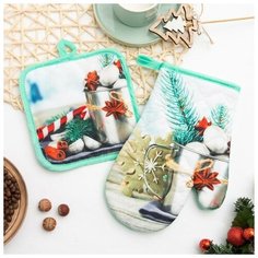 Коллекция Набор для кухни прихватка 17х17см, прихватка- варежка 26см, голубой, ватин, микрофибра 85г