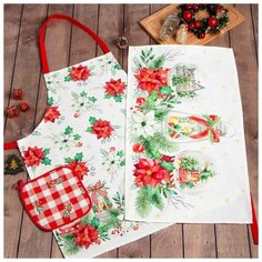 Этель Набор подарочный "Этель" Christmas red flowers, фартук, полотенце, прихватка