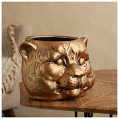 Керамика ручной работы Фигурное кашпо "Голова тигра", символ года 2022, бронза светлая, керамика, 8.5 л