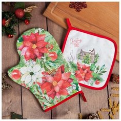 Этель Набор кухонный Christmas red flowers варежка- прихватка 20х28см, прихватка 19х19см,100%хл