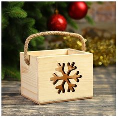 Дарим Красиво Кашпо деревянное "Снежинка", ручка- шнур, 12,5х10,5х9,5см