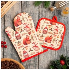 Доляна Кухонный набор Доляна «Christmas», прихватка 17*17 см, варежка 26*16 см,100% п/э
