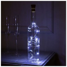 Luazon Lighting Гирлянда "Нить" 1 м роса с пробкой, IP44, серебристая нить, 10 LED, свечение белое, фиксинг, солнечная батарея