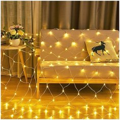 Новогодняя светодиодная гирлянда Сетка с контроллером и коннектором 1,8х1,8 м теплый белый свет Baziator