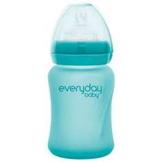 EveryDay Baby Бутылочка стеклянная Healthy + с индикатором температуры и защитным силиконовым покрытием, 150 мл, с рождения, бирюзовый