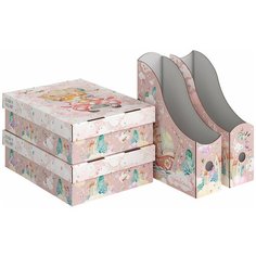 Набор для настольного хранения из картона: короб 2 шт. - 25*33*9 см, лоток вертикальный 2 шт. - 29,5*23,5*8,5 см и 31*23,5*8,5 см, розов., путешастики Valiant