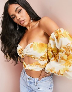 Топ-бардо с длинными рукавами и желтым цветочным принтом ASOS DESIGN-Разноцветный