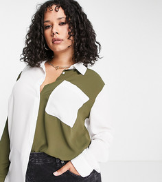 Рубашка в стиле колор блок цвета слоновой кости и цвета хаки ASOS DESIGN Curve-Разноцветный