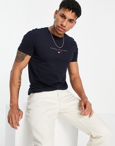 Темно-синяя футболка с логотипом-флагом по центру Tommy Hilfiger Essential-Темно-синий