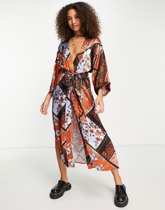 Атласное платье-кимоно в стиле пэчворк Topshop Premium-Разноцветный