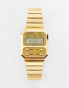 Золотистые часы-браслет в стиле унисекс с электронным циферблатом Casio Revival F-100-Золотистый