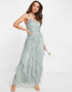 Голубое сетчатое платье макси с рюшами и декоративной отделкой Little Mistress Bridesmaid-Голубой