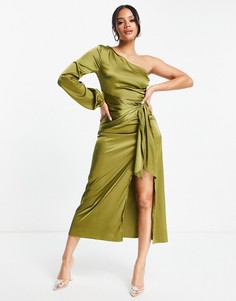 Зеленое атласное платье миди на одно плечо NaaNaa-Зеленый цвет